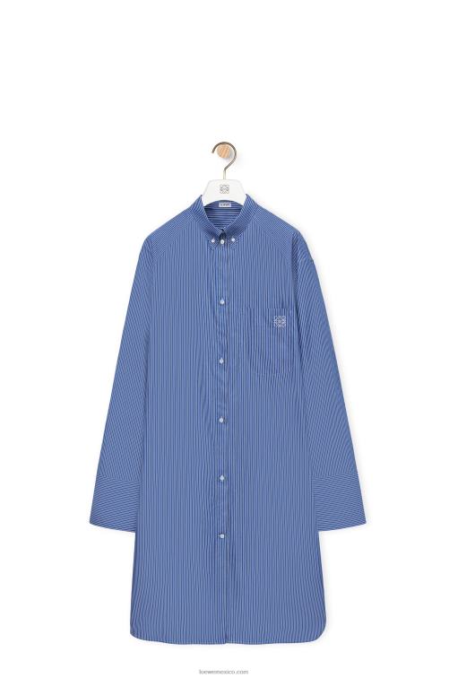 azul marino/blanco vestido camisero alargado de popelina de algodón a rayas Loewe R8J8Z1087 mujer