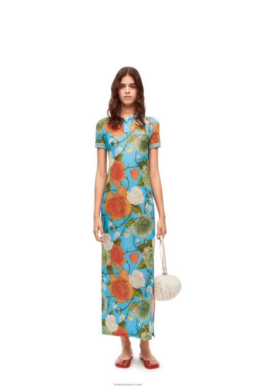 azul/multicolor vestido polo de malla con rosas Loewe R8J8Z1042 mujer