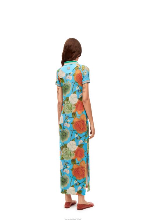 azul/multicolor vestido polo de malla con rosas Loewe R8J8Z1042 mujer
