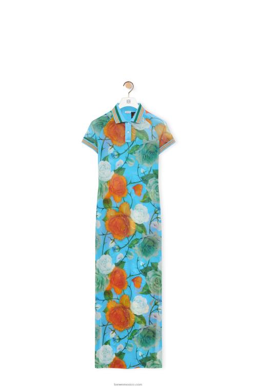 azul/multicolor vestido polo de malla con rosas Loewe R8J8Z1042 mujer