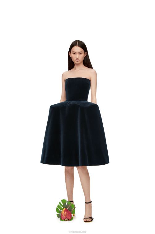 azul oscuro vestido bustier peplum en terciopelo de algodón Loewe R8J8Z1061 mujer