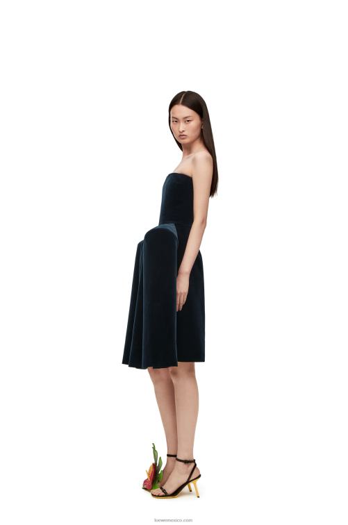 azul oscuro vestido bustier peplum en terciopelo de algodón Loewe R8J8Z1061 mujer