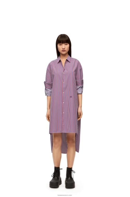 azul rojo vestido camisero con vuelta en algodón a rayas Loewe R8J8Z1035 mujer