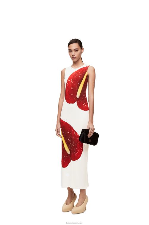 blanco rojo vestido sin mangas anthurium en punto de canalé de algodón Loewe R8J8Z1072 mujer