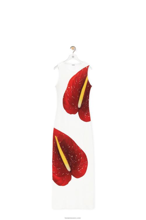 blanco rojo vestido sin mangas anthurium en punto de canalé de algodón Loewe R8J8Z1072 mujer
