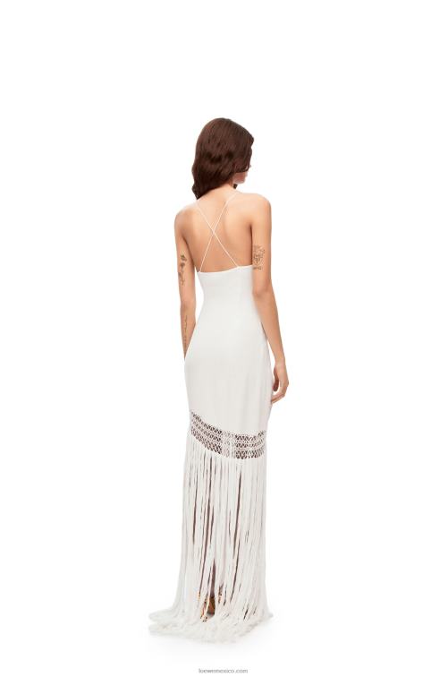 blanco vestido con flecos de algodón Loewe R8J8Z1051 mujer