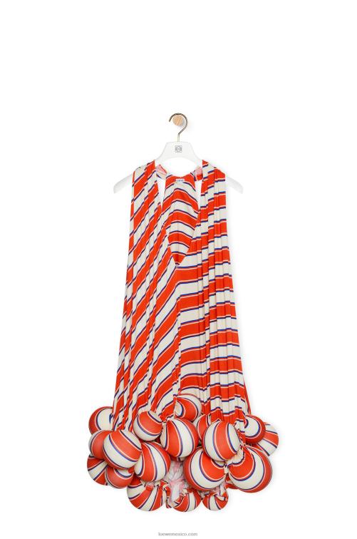 naranja/blanco vestido con pompones a rayas en viscosa Loewe R8J8Z1088 mujer