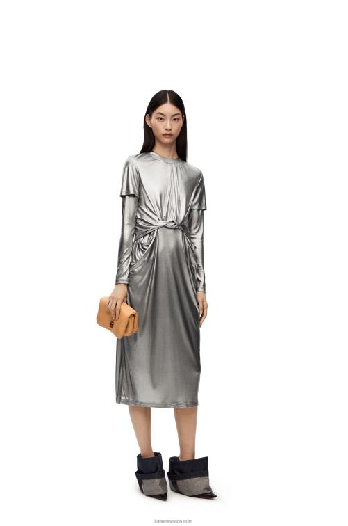 negro/plata vestido drapeado de jersey laminado Loewe R8J8Z1092 mujer