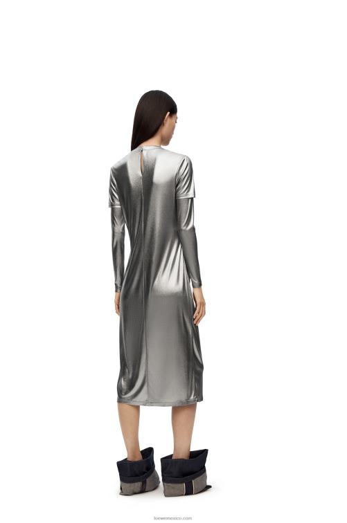 negro/plata vestido drapeado de jersey laminado Loewe R8J8Z1092 mujer