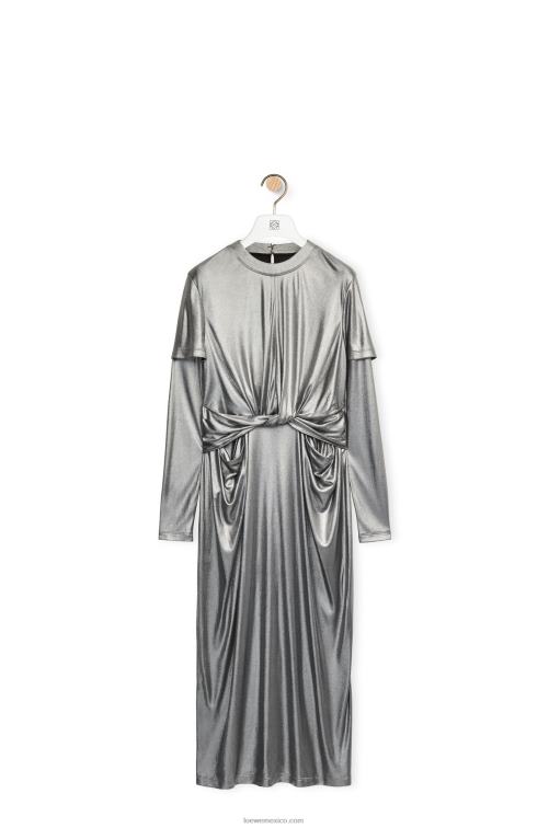 negro/plata vestido drapeado de jersey laminado Loewe R8J8Z1092 mujer