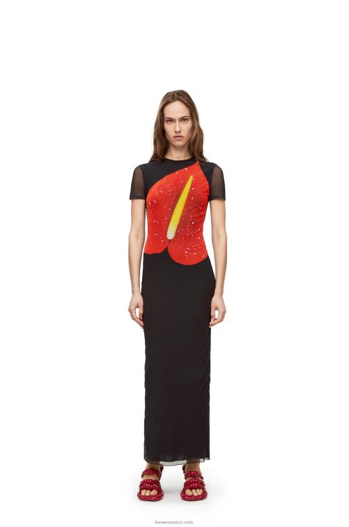 negro/rojo vestido anthurium de malla semitransparente Loewe R8J8Z1066 mujer
