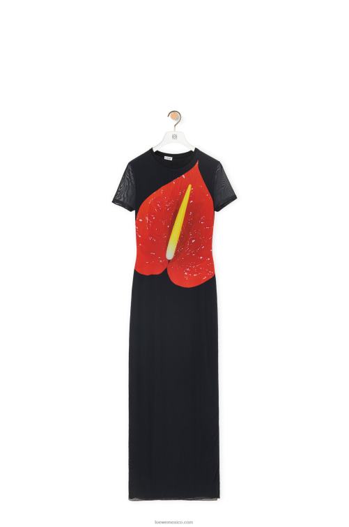 negro/rojo vestido anthurium de malla semitransparente Loewe R8J8Z1066 mujer