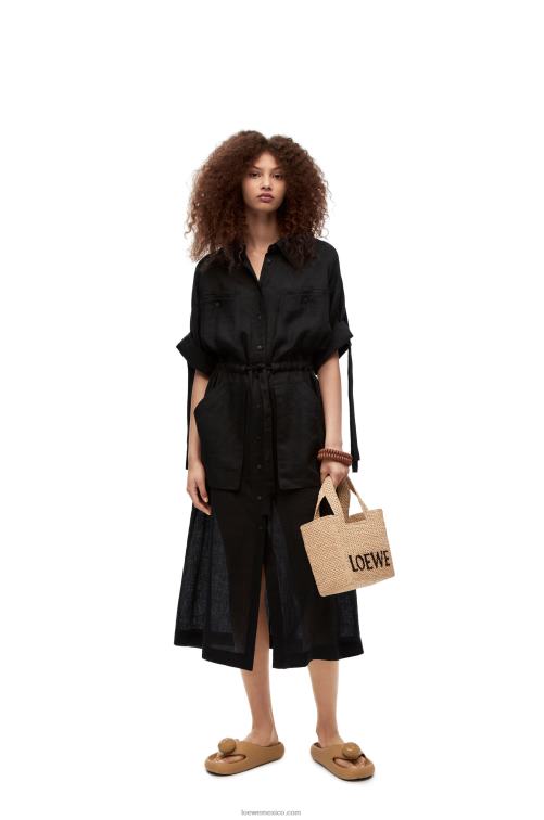 negro vestido midi workwear de lino Loewe R8J8Z1059 mujer