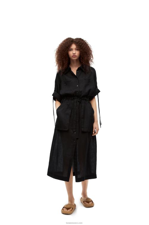 negro vestido midi workwear de lino Loewe R8J8Z1059 mujer