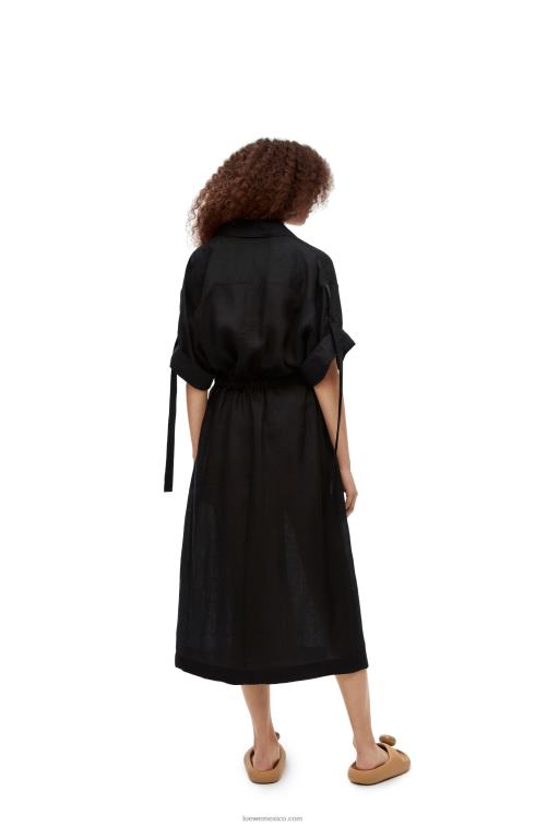 negro vestido midi workwear de lino Loewe R8J8Z1059 mujer
