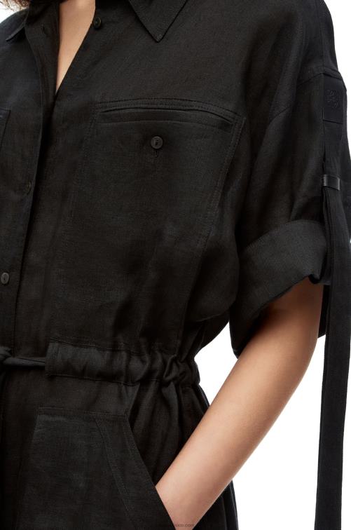 negro vestido midi workwear de lino Loewe R8J8Z1059 mujer