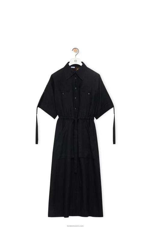 negro vestido midi workwear de lino Loewe R8J8Z1059 mujer