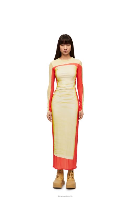 rojo amarillo vestido de tubo de malla Loewe R8J8Z1031 mujer