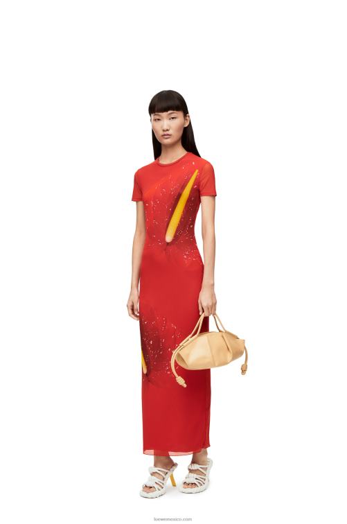 rojo vestido anthurium de malla semitransparente Loewe R8J8Z1068 mujer