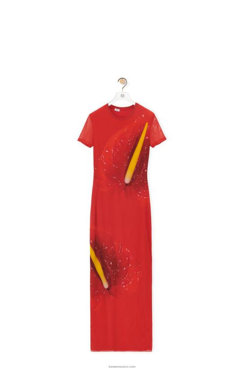 rojo vestido anthurium de malla semitransparente Loewe R8J8Z1068 mujer