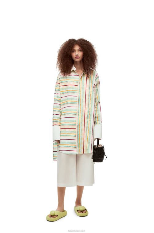verde rojo vestido camisero a rayas de algodón, lino y seda Loewe R8J8Z1052 mujer
